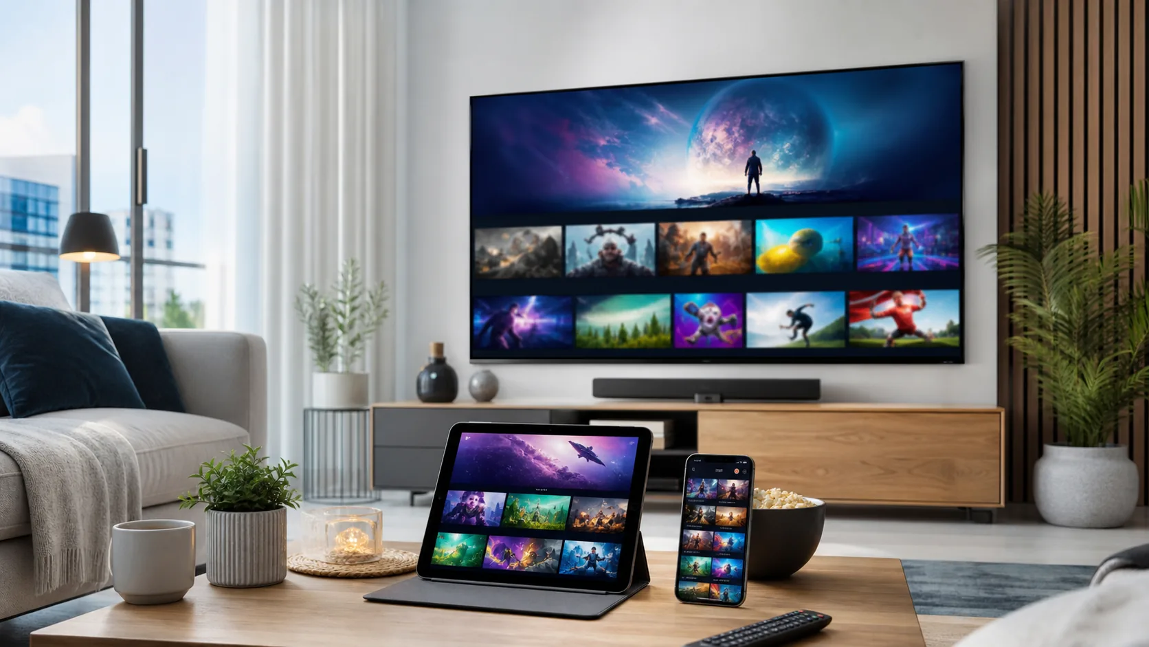Salon lumineux avec télévision, tablette et smartphone